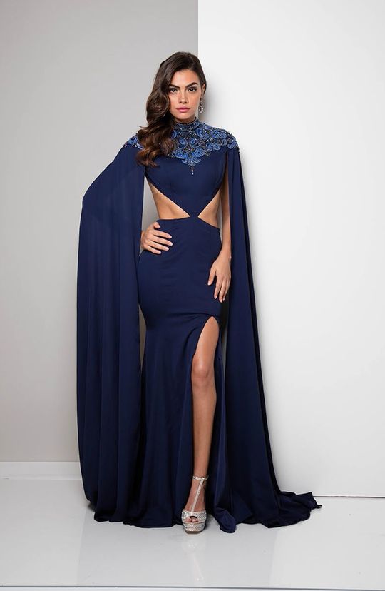 Terani Couture - Ravishing Cape Sleeves Sheath Gown 1713E3323 In Blue
