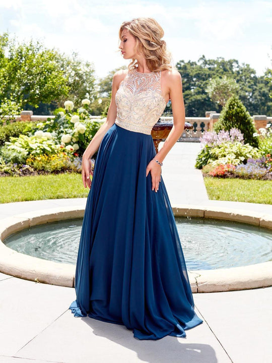 Clarisse - 3465 Jewel Ornate Illusion Halter Gown in Blue