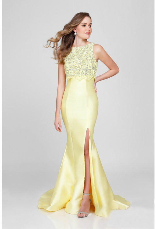 Terani Couture - Elegant Sleeveless Mermaid Dress with Layered Ruffle Train 1713P2556 in Yellow