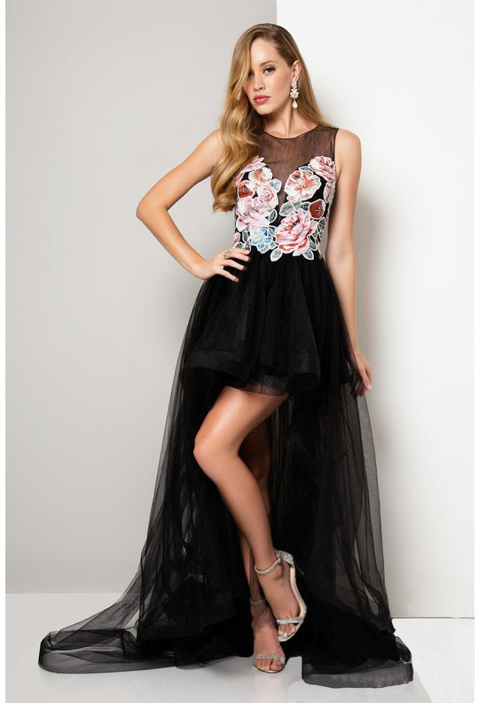 Terani Couture - 1713P2794 Illusion Floral High-Low Gown in Black and Multi-Color