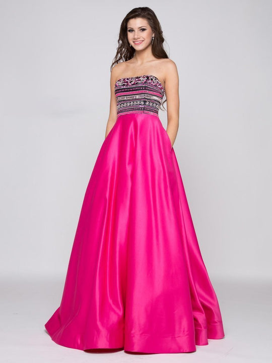 Colors Dress - 1714 Beaded Strapless Striped Satin Dress in Pink and Black