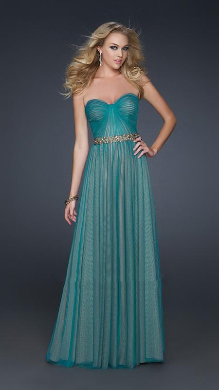 La Femme - Beaded and Ruched Sweetheart A-line Dress 17150 In Green and Neutral