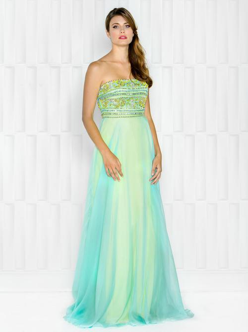 Colors Dress - 1715 Beaded Strapless Striped Chiffon Dress in Blue and Multi-color