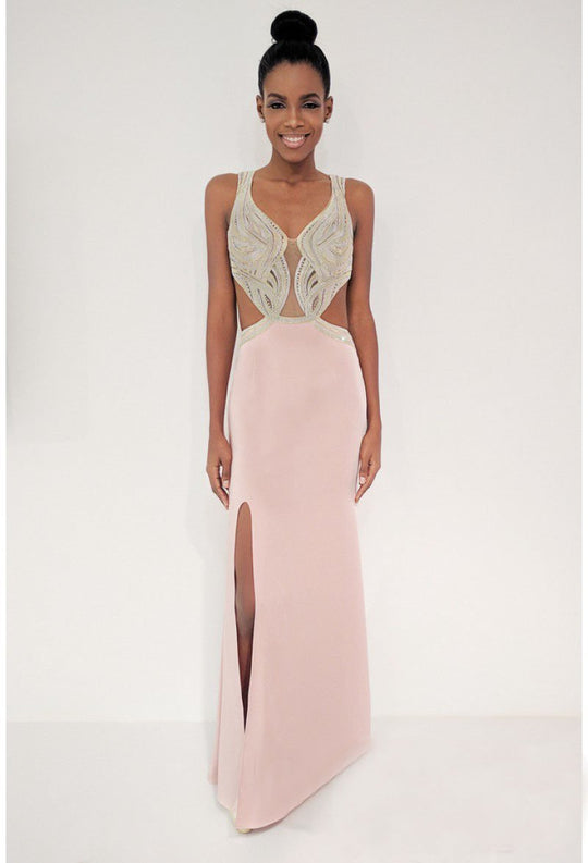 Terani Couture - 1715P2985 Embellished Cutout Sheath Gown in Pink