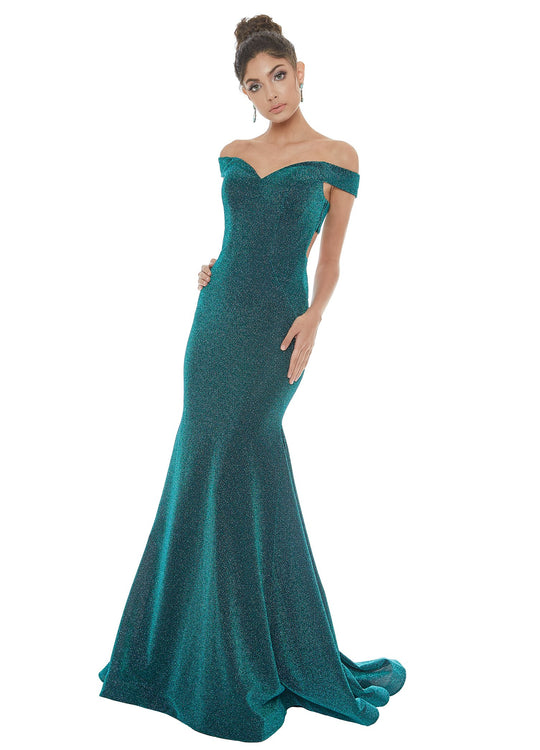 Ashley Lauren - 1716 Off Shoulder Glitter Metallic Scuba Evening Dress In Green