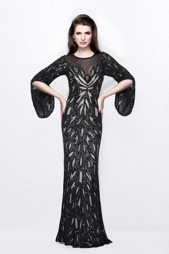 1717 Sequined Bell Sleeves Contrast Illusion Sheath Gown in Black