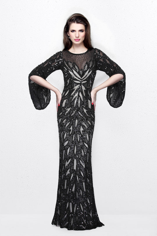 Primavera Couture - Sequined Bell Sleeves Contrast Illusion Sheath Gown  1717 in Neutral and Black