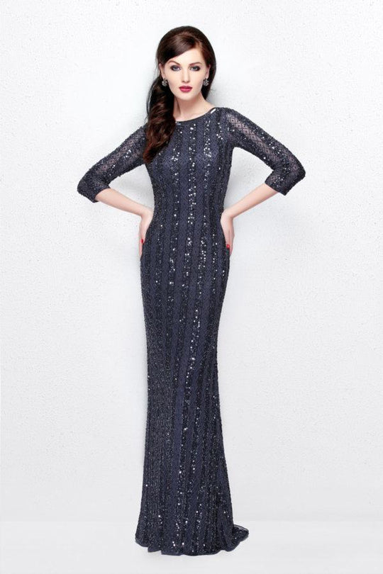 1719 Sheer Quarter Sleeve Embellished Evening Gown In Gray