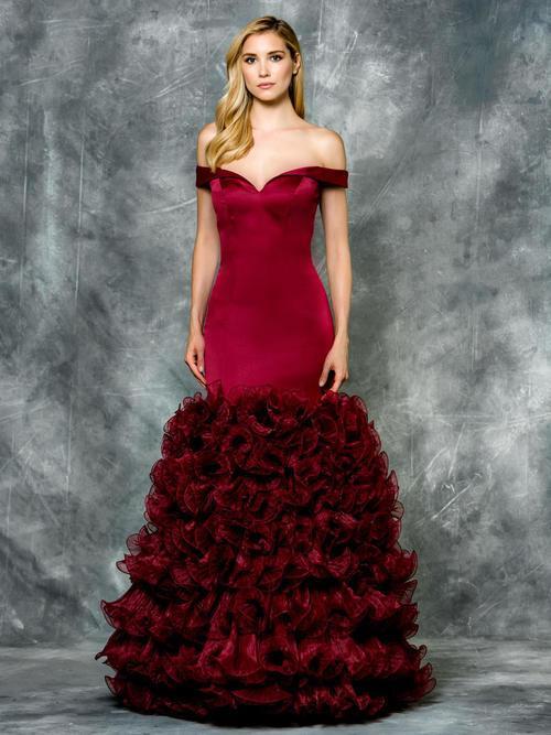 Colors Dress - 1720 Ruffled Off the Shoulder Satin Evening Dress in Red