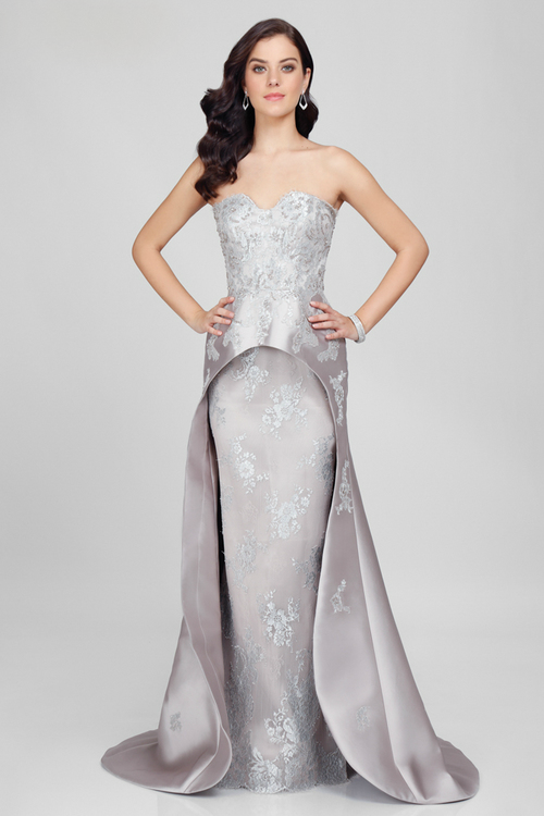 Terani Couture - 1721E4121 Strapless Floral Ruffled Peplum A Line Gown in Gray and Silver