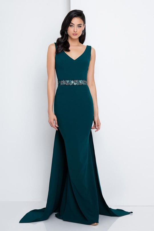 Terani Couture - 1721E4130 Ornate V-Neck Sheath Gown in Forest