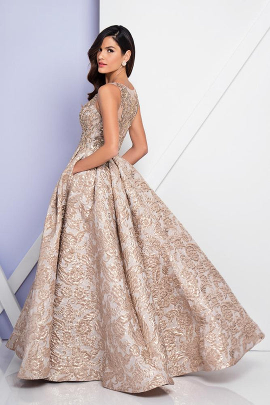 Terani Couture - 1721E4145 Deep V-Neck Ballgown in Champagne Gold