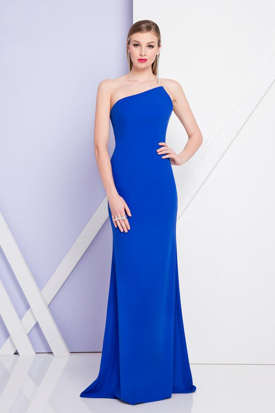 Terani Couture - 1721E4156 Asymmetric Neck Sheath Dress in Royal