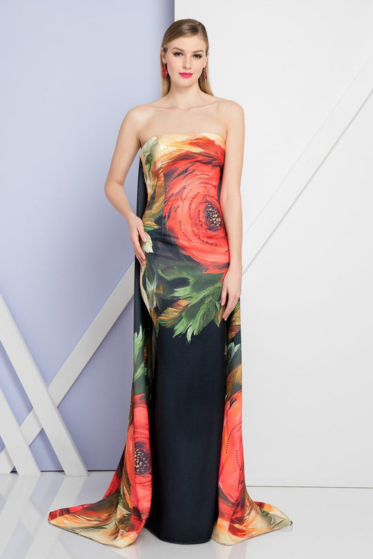 Terani Couture - 1721E4167 Rose Printed Strapless Watteau Long Gown in Black and Multi-Color