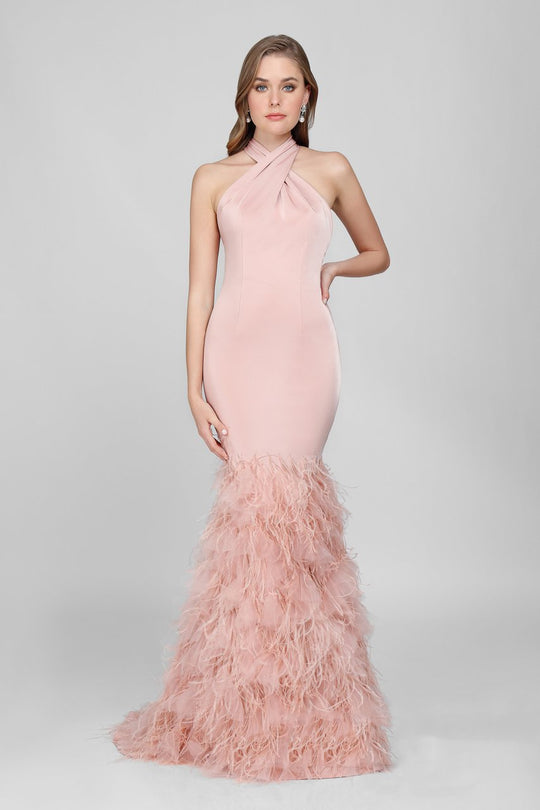 Terani Couture - Crisscrossed Feather Fringed Mermaid Gown 1721E4185 - Blush