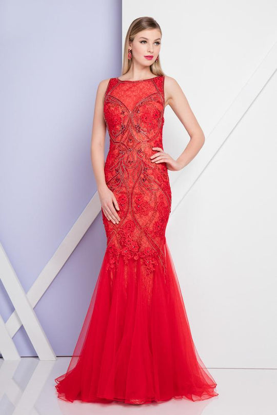Terani Couture - 1721GL4419 Sleeveless Beaded Floral Trumpet Gown in Red and Neutral