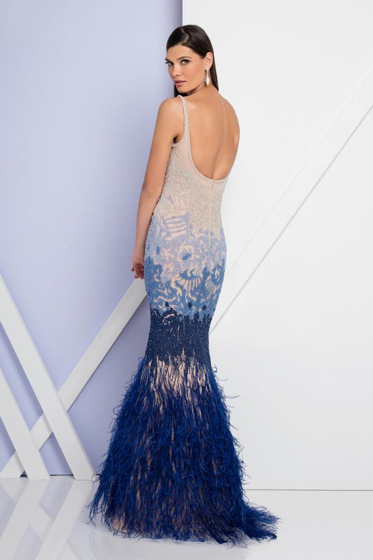 Terani Couture - 1721GL4434 Sleeveless Beaded Feather Fringed Gown in Silver and Blue