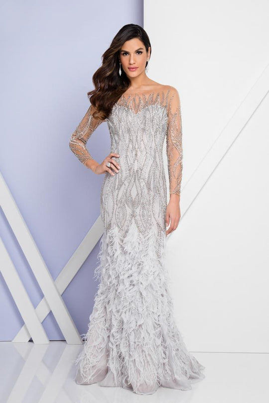 Terani Couture - 1721GL4449 Beaded Long Sleeves Feather Fringed Gown in Silver