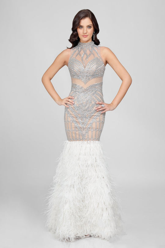 Terani Couture - Embellished Feather Fringed Mermaid Gown 1721GL4452 In White and Neutral