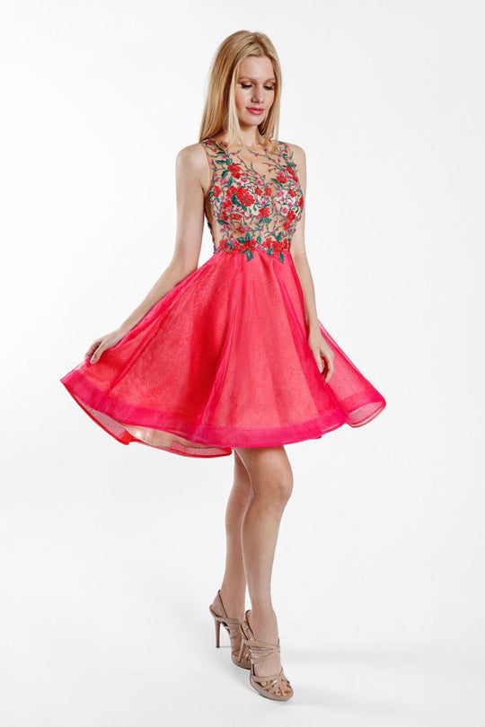 Terani Couture - 1721H4575 Floral Illusion Bateau A-line Dress in Pink and Multi-Color
