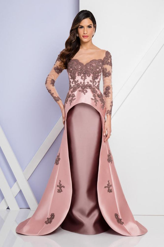 Terani Couture - 1721M4310 Sheered Long Sleeve Embellished Gown in Pink and Brown
