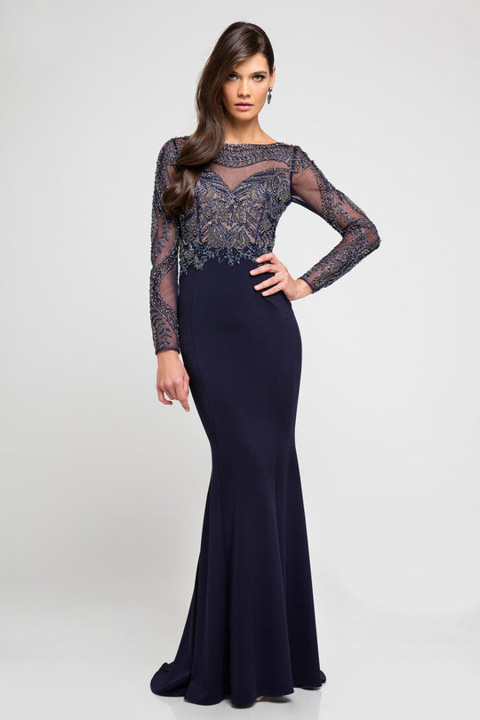 Terani Couture - 1721M4325 Sheer Embellished Evening Gown in Blue