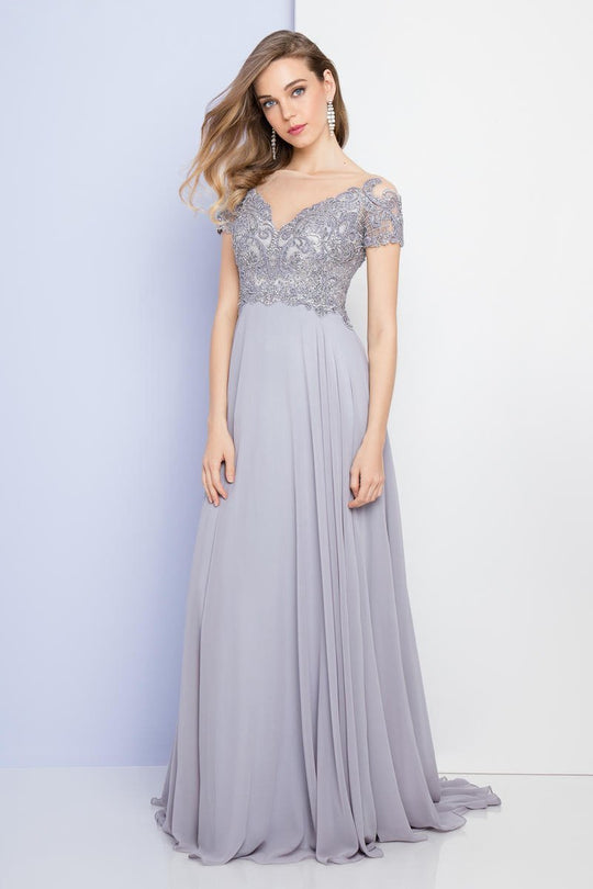Terani Couture - 1721M4329 Short Sleeve Embellished Chiffon Gown in Silver