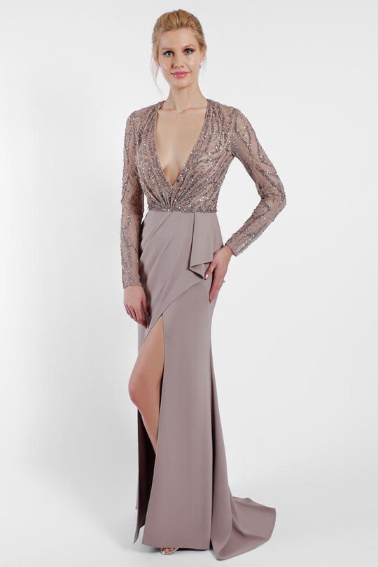 Terani Couture - 1721M4338 Plunging V-Neck Sequined Evening Gown in Brown