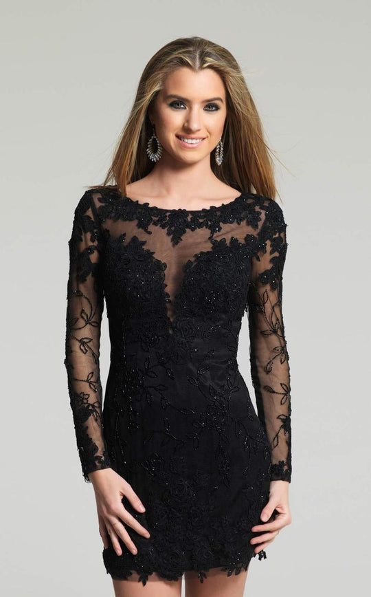 Dave & Johnny - 1721 Rosette Motif Long Sleeve Sheath Dress in Black
