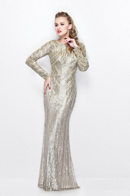 Primavera Couture - Beaded Long Sleeve Evening Gown 1721 in Neutral
