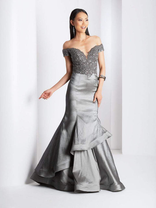 Clarisse - 3476 Off Shoulder Lace Appliqued Mermaid Gown in Gray