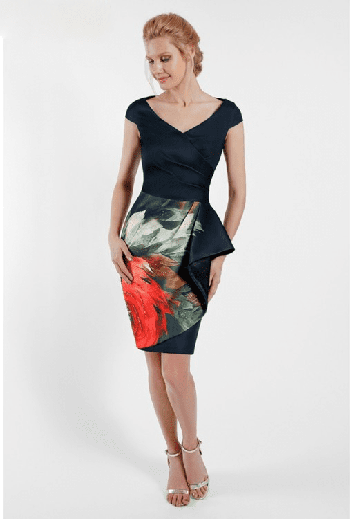 Terani Couture - 1721C4003 Floral Printed V-neck Sheath Dress in Black and Multi-Color