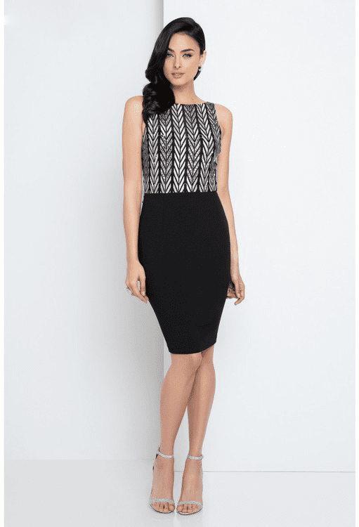 Terani Couture - 1721C4021 Printed Bateau Sheath Dress in Black