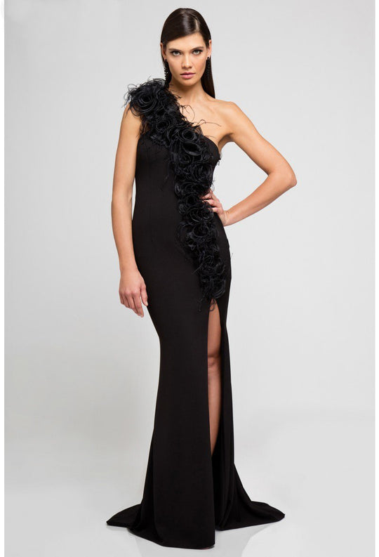 Terani Couture - 1721E4157 Floral Embellished One Shoulder Long Dress in Black