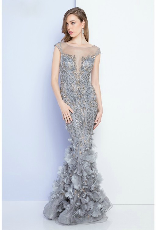 Terani Couture - 1721GL4421 Illusion Bateau Neck Trumpet Dress in Silver