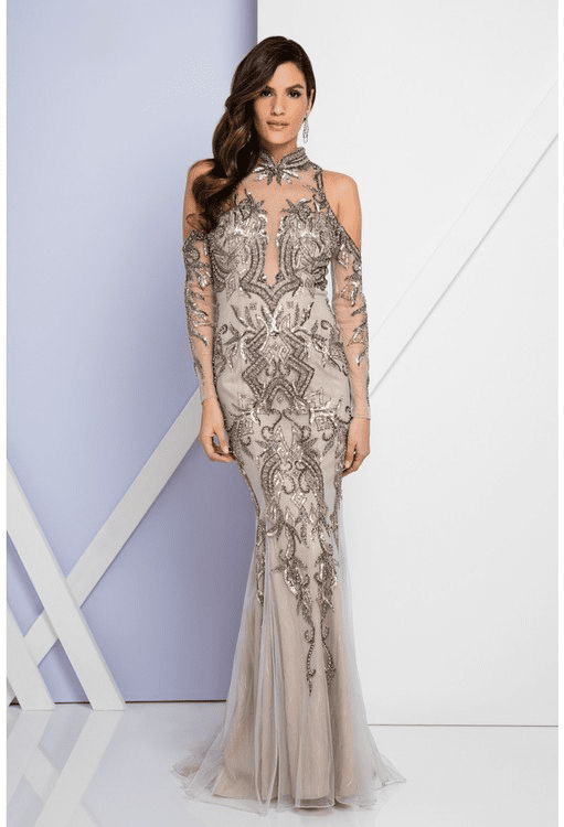 Terani Couture - 1721GL4432 Embellished High Neck Long Sleeves Gown in Silver and Neutral