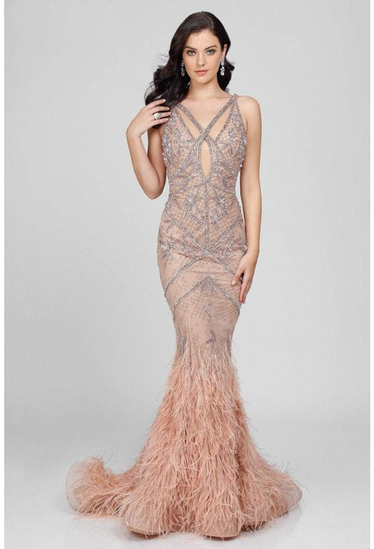 Terani Couture - 1721GL4447 Sleek Ostrich Feather Mermaid Dress in Brown