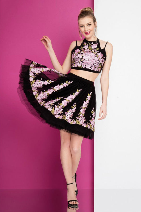 Terani Couture - 1721H4513 Two Piece Floral A-line Dress in Black and Purple