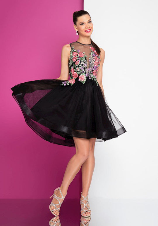 Terani Couture - 1721H4517 Floral Embroidered Illusion Dress in Black and Multi-Color
