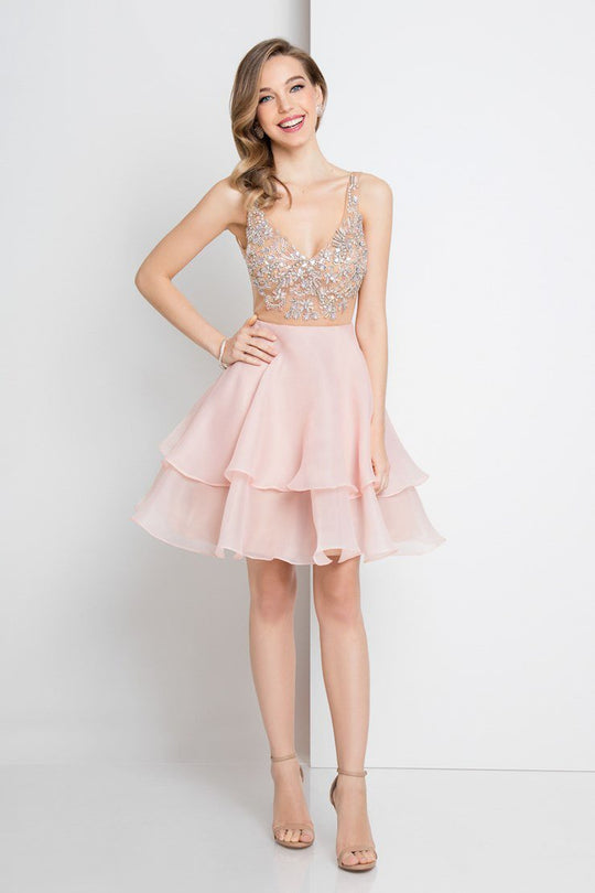 Terani Couture - 1721H4545 Intricately Beaded Flounce Dress in Pink and Neutral