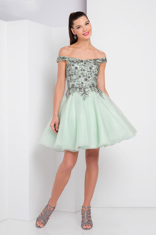 Terani Couture - 1721H4547 Embellished Off-Shoulder A-line Dress in Green and Gray