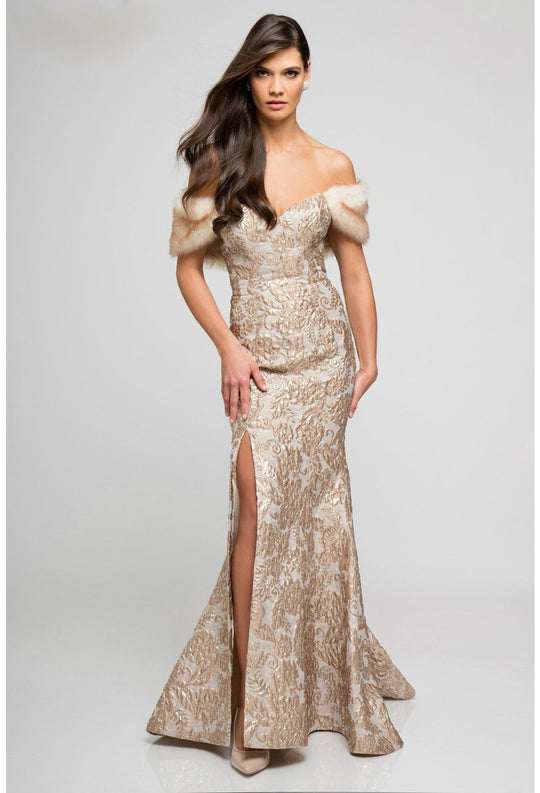 Terani Couture - 1721M4315 Embroidered Sweetheart Trumpet Dress in Neutral and Gold