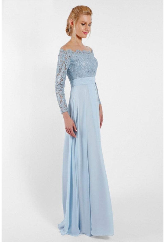 Terani Couture - 1721M4316 Illusion Off- Shoulder A-Line Evening Gown in Blue and Silver