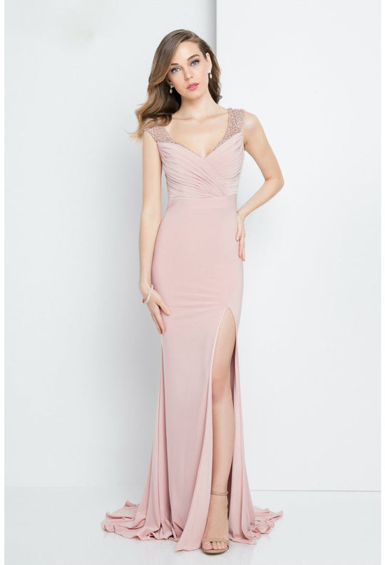 Terani Couture - 1721M4346 Ruched V-Neck Sheath Dress in Pink and Neutral