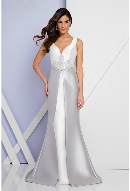 Terani Couture - 1721M4701 Bejeweled V-Neck A-Line Dress in White and Silver