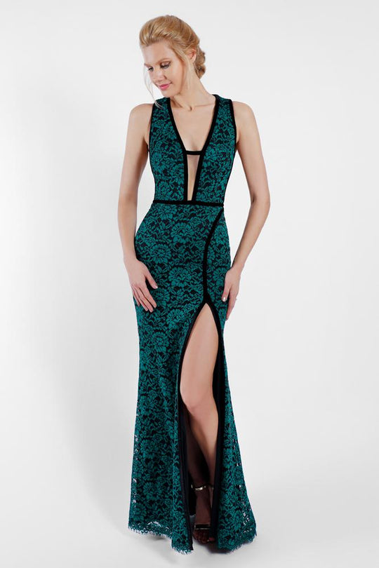 Terani Couture - 1722E4191 Plunging Neckline Lace Evening Gown in Black and Green