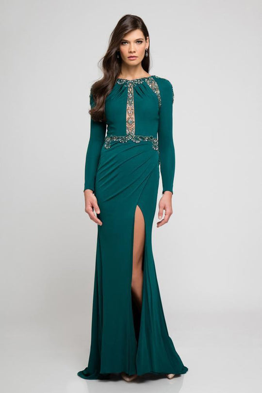 Terani Couture - 1722E4193 Long Sleeve Embellished Evening Gown in Green
