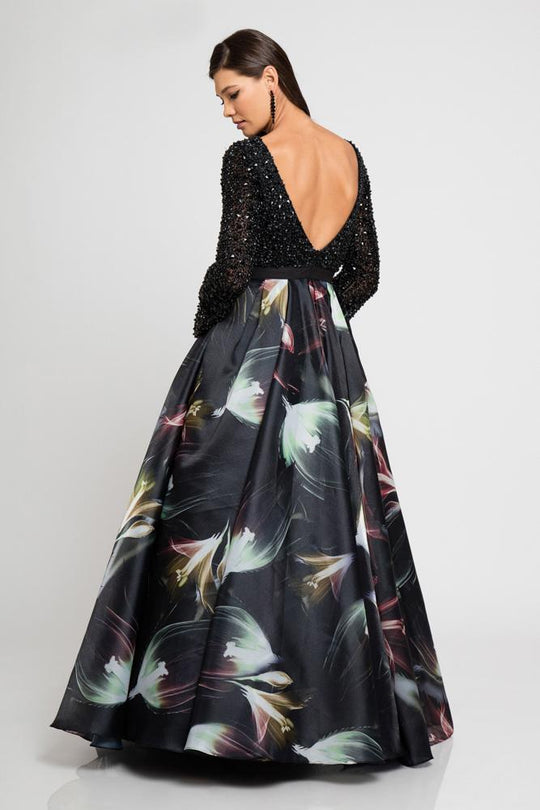 Terani Couture - 1722E4194 Long Sleeve Floral Print Evening Gown in Black and Multi-Color