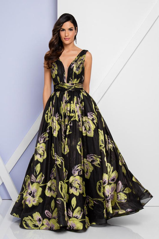 Terani Couture - 1722E4200 V-Neck Ruched Floral Evening Gown in Black and Yellow