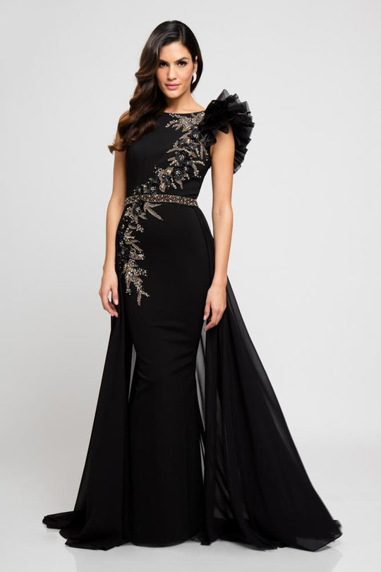 Terani Couture - 1722E4216 Floral Appliqued Sheer Overskirt Gown in Black